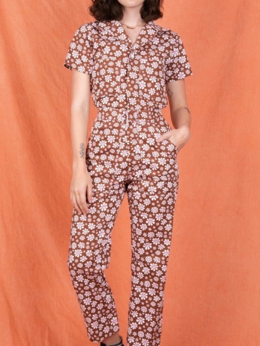 Big Bud Press Short Sleeve Lazy Daisy Jumpsuit in Fudgesicle Brown